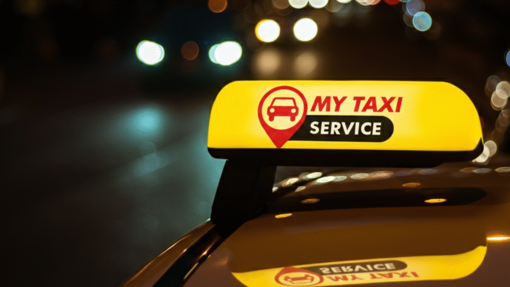 A My Taxi Service vehicle displaying an illuminated roof sign at night, representing a reliable late-night airport pickup service for travellers arriving in Melbourne.
